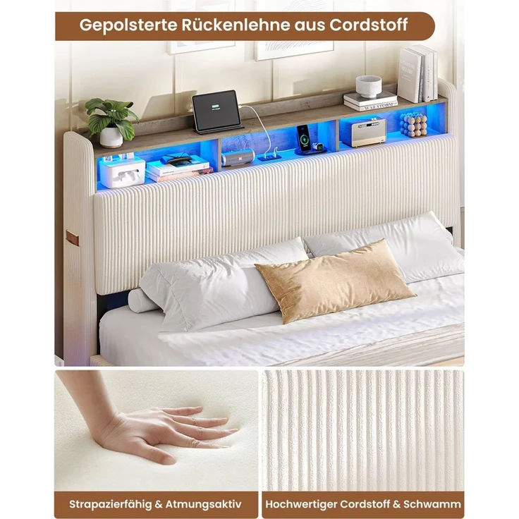 MSMASK Polsterbett Schwebebett mit 270°-LED-Beleuchtung, USB & Type-C Ladestation (Ohne Matratze), Doppelbett mit Stauraum-Kopfteil 160x200 cm – Bild 4