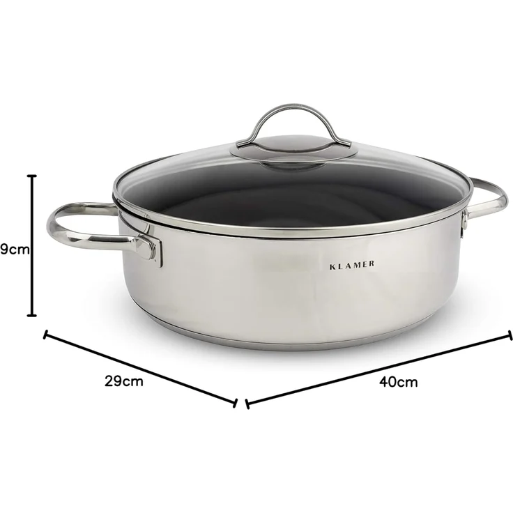 KLAMER Servierpfanne mit Deckel 28cm Induktion, antihaftbeschichteter Edelstahl Schmortopf…, Energiesparend, Güteglasdeckel, tropffrei abgießen – Bild 9