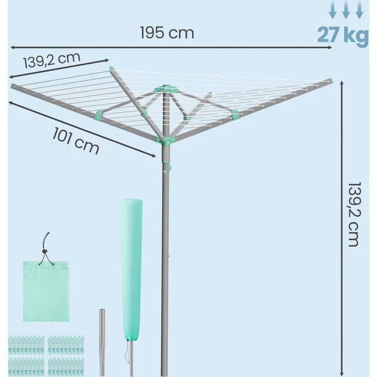 SONGMICS Wäschespinne, 45 m Wäscheleine, für 4 Waschladungen, mit Wäscheklammern, silbern – Bild 5