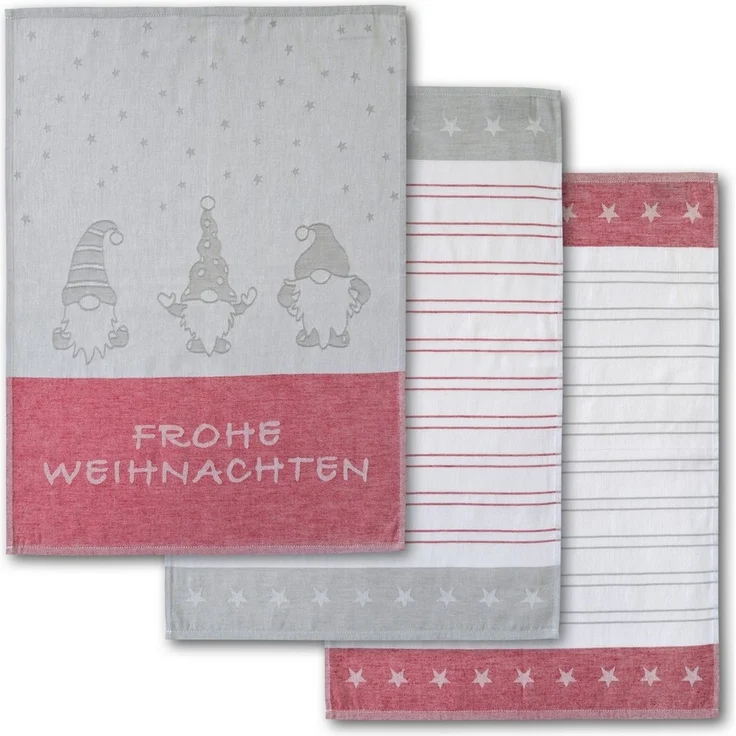 Dyckhoff Geschirrtuch Wichtel, mit Schriftzug Frohe Weihnachten, Streifen und Sternen, (Set, 3-tlg), mit 3 verschiedenen Motiven, Maße je Tuch ca. 50x70 cm, 100% Baumwolle – Bild 1