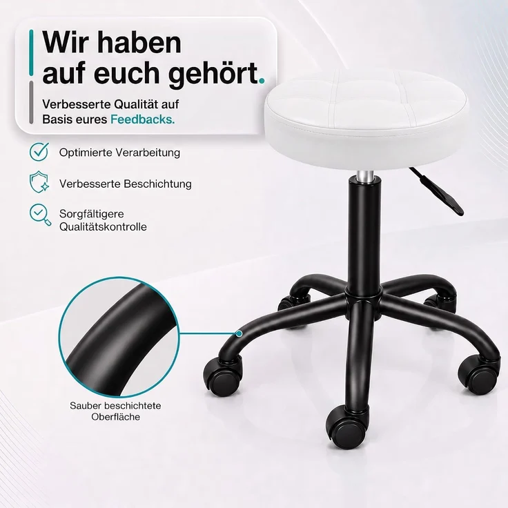Movaro Rollhocker mit Metall-Basis und leisen Softrollen [Neues Modell] - höhenverstellbar, 360° drehbar, kratzfrei und stabil - ergonomischer Hocker mit Rollen | Arbeitshocker | Bürohocker 44x44x50-63 cm [Weiß] – Bild 7