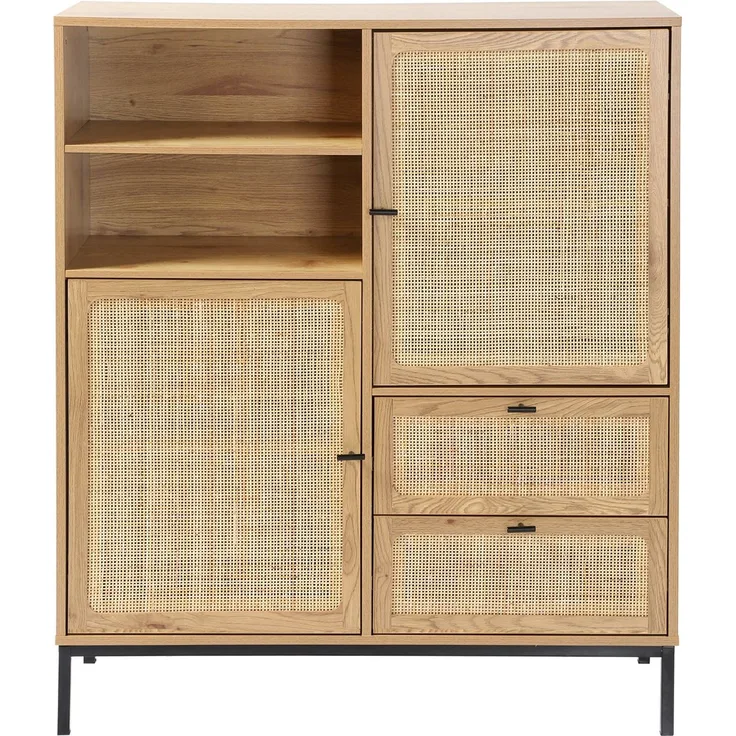 Casâme 'JAYA' Hohe Buffetschrank mit Rattanfronten - L100 x H120 cm - Helles Holz