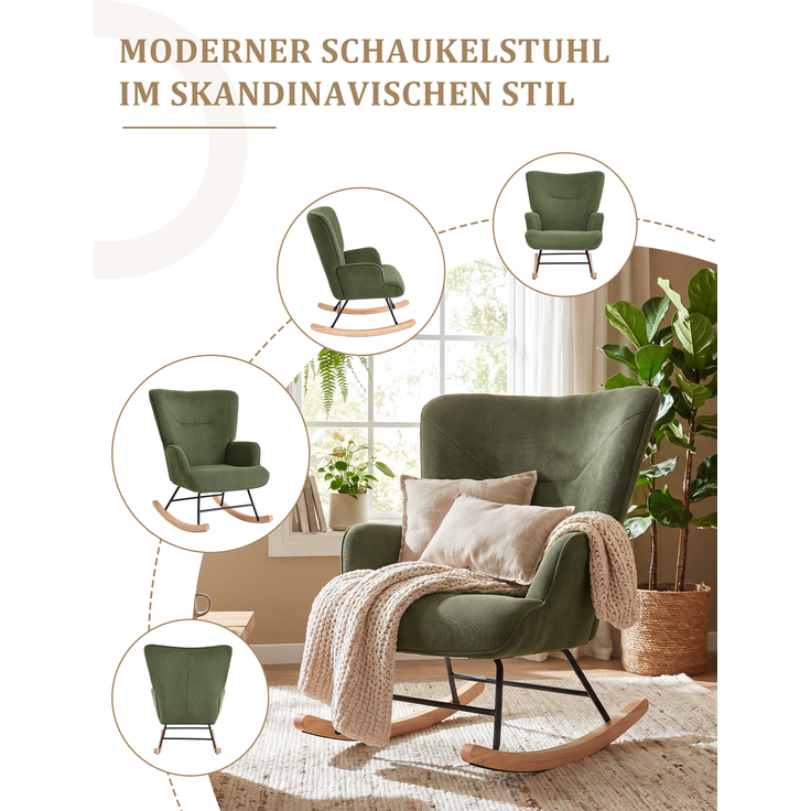 GOEURVANT 5006 Schaukelstuhl mit Hocker (Relaxsessel, Ohrensessel), Feincord - Grün – Bild 7