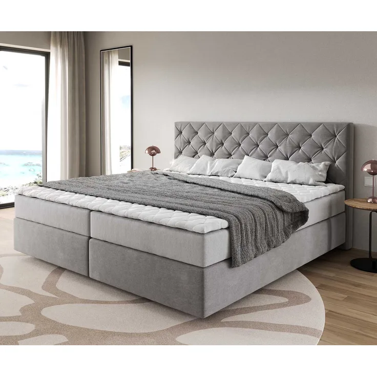 Boxspringbett Dream-Great Mikrofaser Grau 200x200 cm mit Taschenfederkernmatratze und Topper Visco