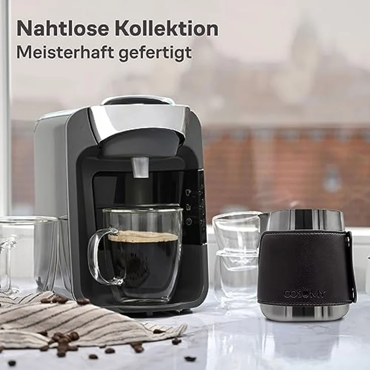 Cosumy Milchkännchen Barista Milchkännchen Edelstahl 500ml mit Lederhülle, 500 l, (Set, 1-St), Griffloses Design - Messskala im Inneren – Bild 7