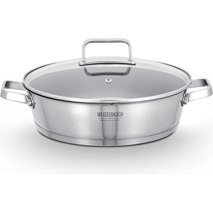 MEISTERKOCH Bratpfanne Servierpfanne 28 cm Ø aus 18/10 Edelstahl satiniert | Kochgeschirr Pfanne induktionsgeeignet mit ILAG Antihaftbeschichtung | Backofenfest bis 240°C