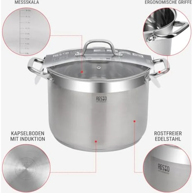 RESTO Kitchenware Kochtopf Libra, Topf energiesparend und spülmaschinenfest, Edelstahl 18/10 (2-tlg), mit hitzebeständigem Glasdeckel und Griffen – Bild 5