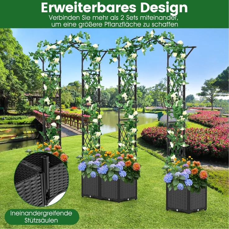 2 in 1 Rosenbogen mit Blumenkasten Gartenbogen aus Metall & PP Spalier Rankbogen Grau – Bild 3