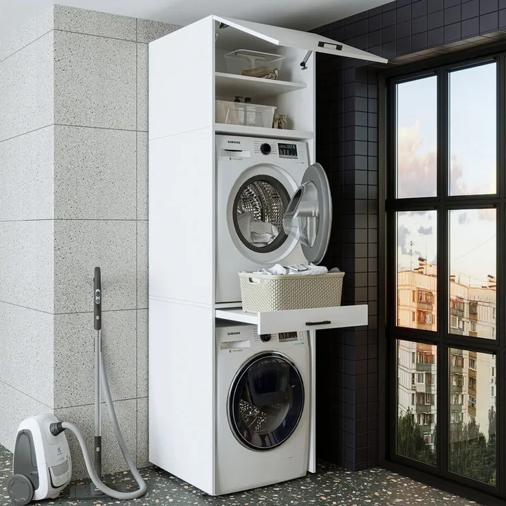 Roomart Waschmaschinenumbauschrank Waschplatz für Waschmaschine & Trockner mit Ausziehbrett & Hochschrank (Waschmaschinenschrank für Trockner und Waschmaschine Überbauschrank)