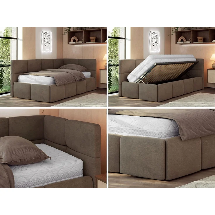 Jugendbett 90x200 ARVO Polsterbett mit Bettkasten, Stauraum & Gasdruckfeder, Modernes Design mit Kopfteil, Pocket Matratze - Braun Velvet - VIRE LUX - Rechts Seite – Bild 2