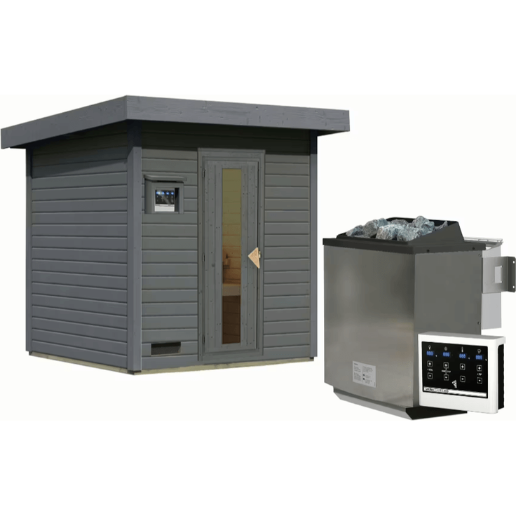 Karibu Sauna Hytti 2 terragrau mit 9 kW Bio-Ofen mit externer Steuerung – Bild 2