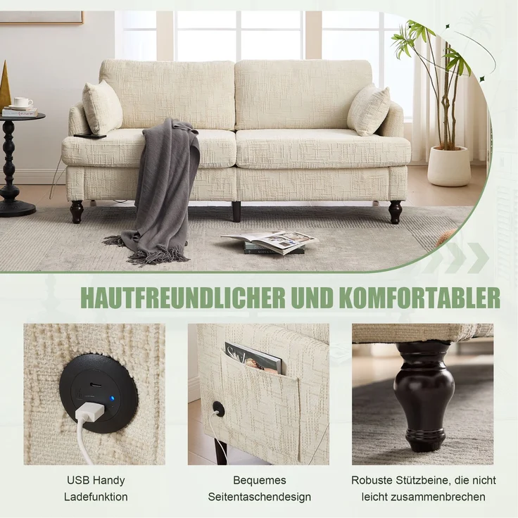 2-sitziges Chenille-Sofa mit USB-Ladeanschluss, LED-Licht und Aufbewahrungstasche in Beige – Bild 6