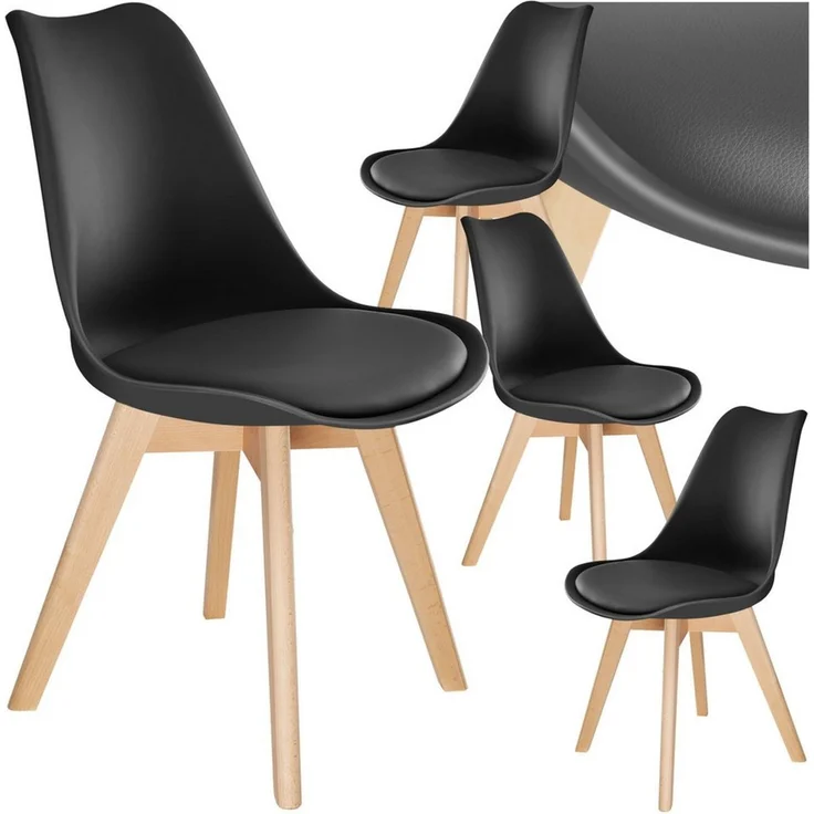 tectake Esszimmerstuhl Küchenstuhl Scandi-Design, gepolsterte Sitzfläche, 49 x 53 x 82 cm (Polsterstuhl Frederikke in schwarz, 4 St), ergonomische Form, massive Holzbeine, bodenschonende Filzgleiter – Bild 1