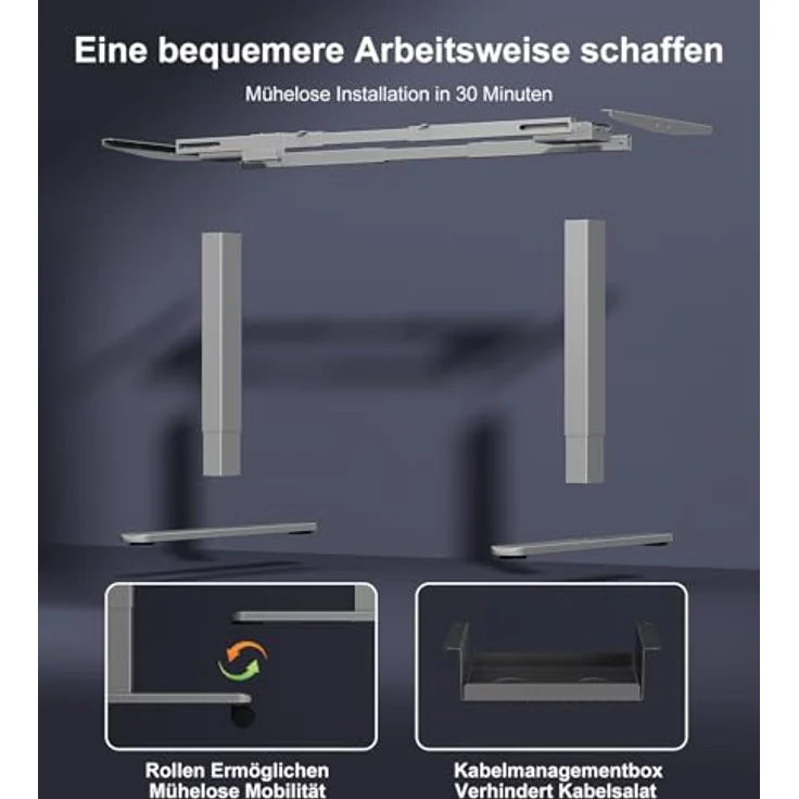 JUMMICO Höhenverstellbarer Schreibtisch Gestell mit 2 Starken Motoren, Type-C Aufladen und Kabelmanagement & Räder, 130kg Tragkraft, 4 Höhenspeicher, Elektrisch Tischgestell Höhenverstellbar, Grey – Bild 8