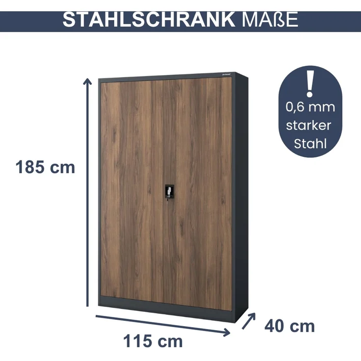 Aktenschrank abschließbar KADO - 5 Ebenen verstellbar, Flügeltüren | Metallschrank Werkstatt Mehrzweckschrank Büroschrank aus Stahl Werkzeugschrank, 185 x 115 x 40 cm Anthrazit-Nussbaum – Bild 2