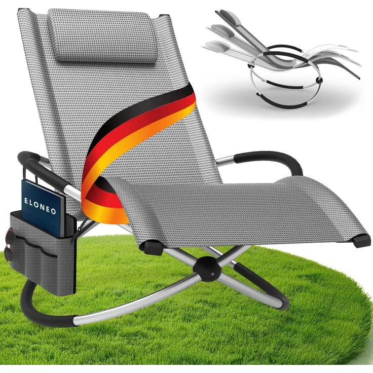 ELONEO Schaukelliege Outdoor Relaxliege bis 180 kg, wetterfest, mit Tasche und abnehmbarem Kopfkissen, graukariert