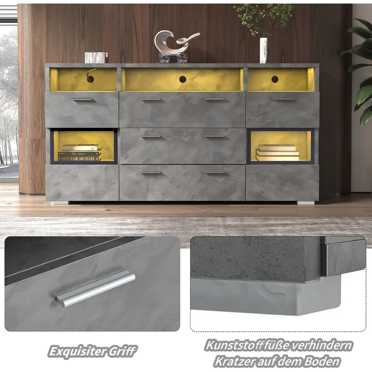DESVIAE Sideboard mit LED-Beleuchtung, 2 Türen und 3 Schubladen, 140x72,5x33,5 cm, Spanplatte, Grau – Bild 6