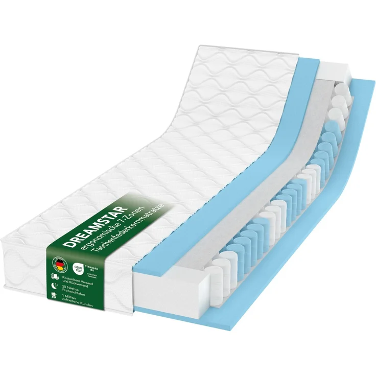 DREAMSTAR Ergo Flex Duo Taschenfederkernmatratze 120x200 cm | ergonomische 7-Zonen Matratze | Öko-TEX® | H2 (0-80kg) & H3 (80-100kg) | Hypoallergen & Antibakteriell | 17 cm hoch 120x200 cm