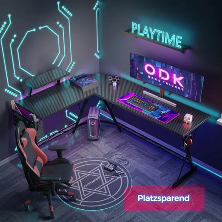 ODK Gaming Tisch, Computertisch, Gaming Schreibtisch mit runder Ecke, Gaming-Tisch mit Monitorablage (Kohlefaser Schwarz, 167x120 cm) – Bild 8