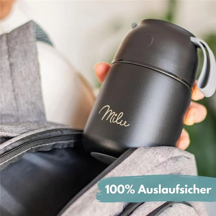 Milu® Thermobehälter für Essen 650ml, Edelstahl Warmhaltebehälter mit Löffel, Thermobecher Essen, Thermo Lunchbox für Kinder, Erwachsene, Thermobox Suppen, Babybrei, Speisebehälter Schwarz, 650ml – Bild 2