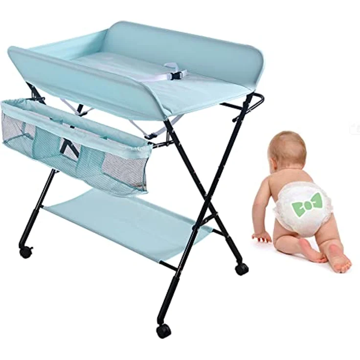 Wickelstation für Baby, Wickeltisch, faltbar, tragbar, Wickeltisch, faltbar, tragbar, mit Aufbewahrungskorb, maximale Belastung von 25 kg,80 x 66 x 98 cm (Blau) – Bild 1