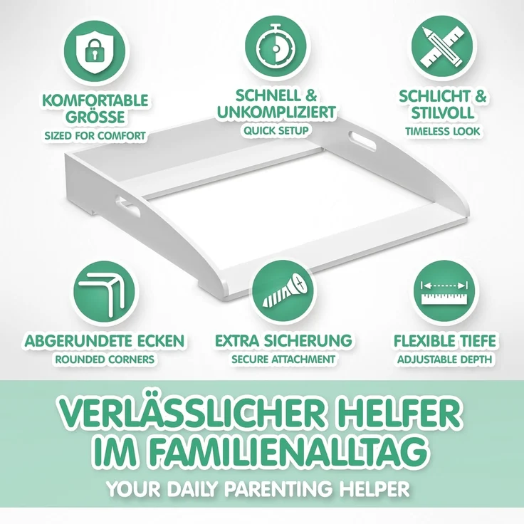 CADANI Wickelaufsatz ILA – Verstellbarer Universal Wickeltisch-Aufsatz kompatibel mit IKEA Kommoden Malm, Hemnes, Nordli – 77×76×12 cm, Weiß mit Kippschutz & Sicherer Befestigung für Wickelkommoden – Bild 7