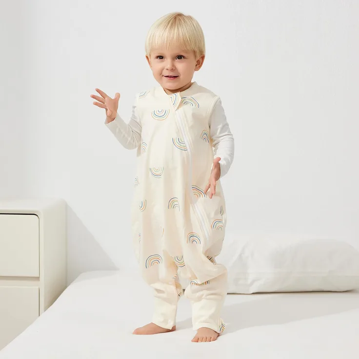 Duomiaomiao Sommerschlafsack mit Beinen 0.5 Tog Babyschlafsack mit Füßen Baumwolle Kleinkind Schlafsack Baby Ärmellos Tragbare Decke Atmungsaktiv für Unisex Mädchen Jungen 2-3 Jahre, Regenbogen