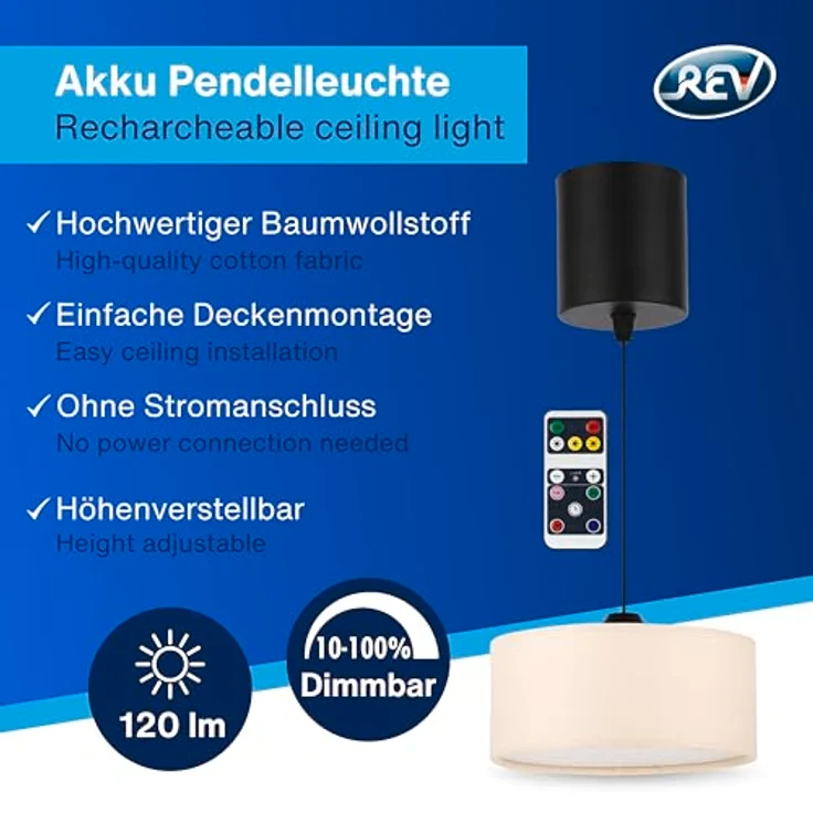 REV Pendelleuchte Akku - 120lm dimmbar 3 Farben, Timer 1-4h, höhenverstellbar (18-123cm), Hängeleuchte Wohnzimmer, Fernbedienung, Stoffschirm, beige – Bild 2