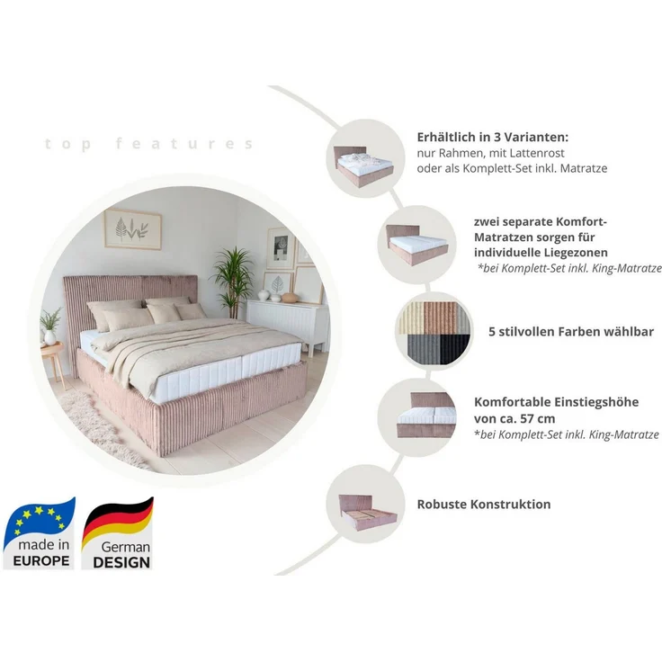 OTTO home Polsterbett AVVRA in der Größe 180x200 cm, mit Breitcord bezogen, wahlweise mit Lattenrost und King-Matratze (28cm) – Bild 2
