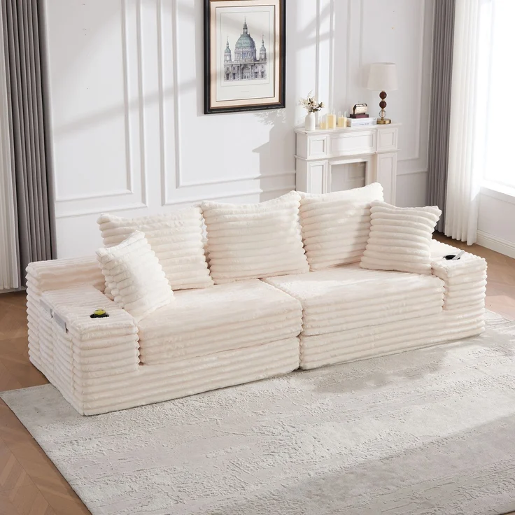 ZUBALIYA Schlafsofa 98x87 cm, mit Stauraum, mit Treppe, mit Leiter, mit Cordbezug, mit Schaumstoffpolsterung, Beige – Bild 12