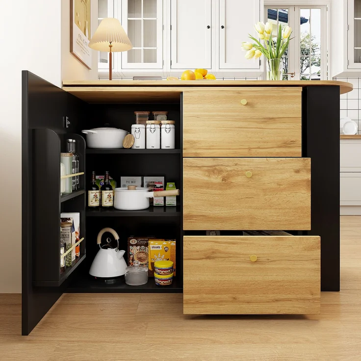 Ausziehbarer Bartisch 138–204×39×104 cm, 360° Dreh- und Ausziehfunktion, Wellendekor-Türen, 3 Schubladen, 3-stufiges Seitenregal, 104cmx138-204cmx39cm, Schwarz – Bild 1