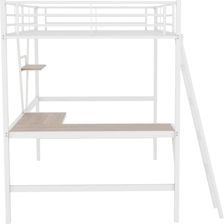 Hochbett, 90x200cm Bettgestell Metallbett, Eisenbett, Hochbett mit L-förmigem Schreibtisch und einem Regal für Kinder, Jugendliche und Erwachsene, Ohne Matratze, Weiß – Bild 8