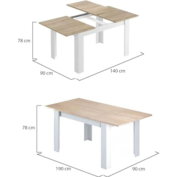 Dmora - Ausziehbarer Midland-Tisch, ausziehbare Konsole für das Esszimmer, zu öffnender Küchentisch mit Verlängerung, 140/190 x 90 x 78 cm, Eiche und Weiß – Bild 2