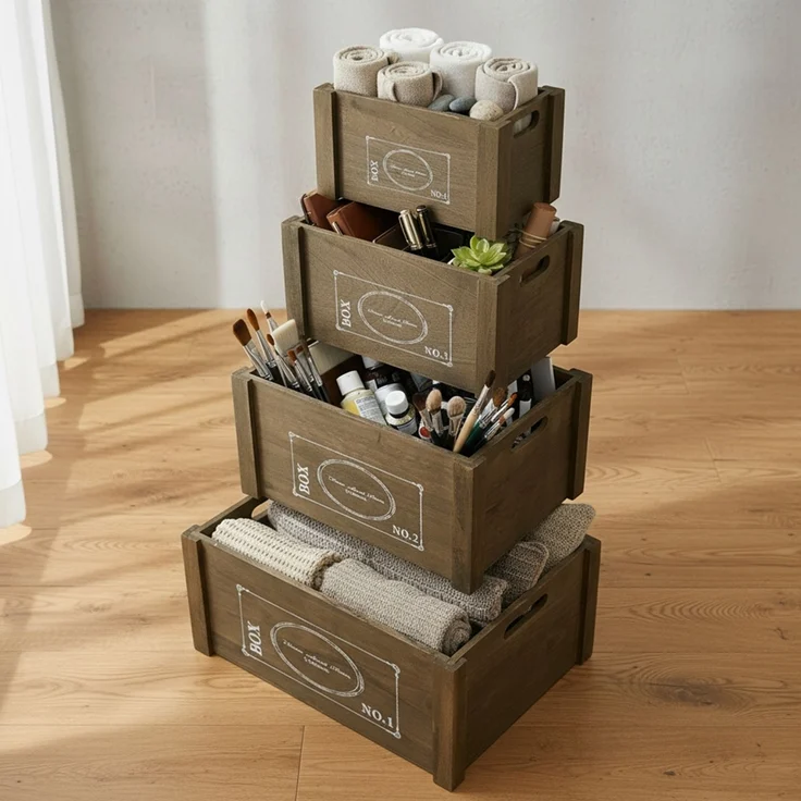 Aufbewahrungsboxen 4er Set Braun Ordnung Shabby Holzkisten Vintage Retro Rustikal Wein Découpage Boxen Griff Kiste Dekorativ Offen Allzweckkiste Box – Bild 1