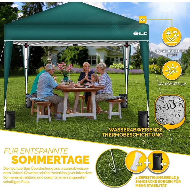 tillvex Pop-Up Faltpavillon mit Tasche, wasserdicht, höhenverstellbar & UV Schutz 50+, Stahl / Polyester, 3x3 m, Grün – Bild 10