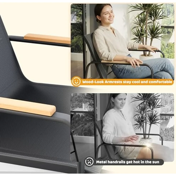 Mondeer Balkonset Gartenmöbel Set 4-tlg, (1 Tisch mit 1 Doppelstuhl 2 Einzelstühlen), Mesh-Gewebe & Holz-Kunststoff-Armlehnen, Schwarz – Bild 5