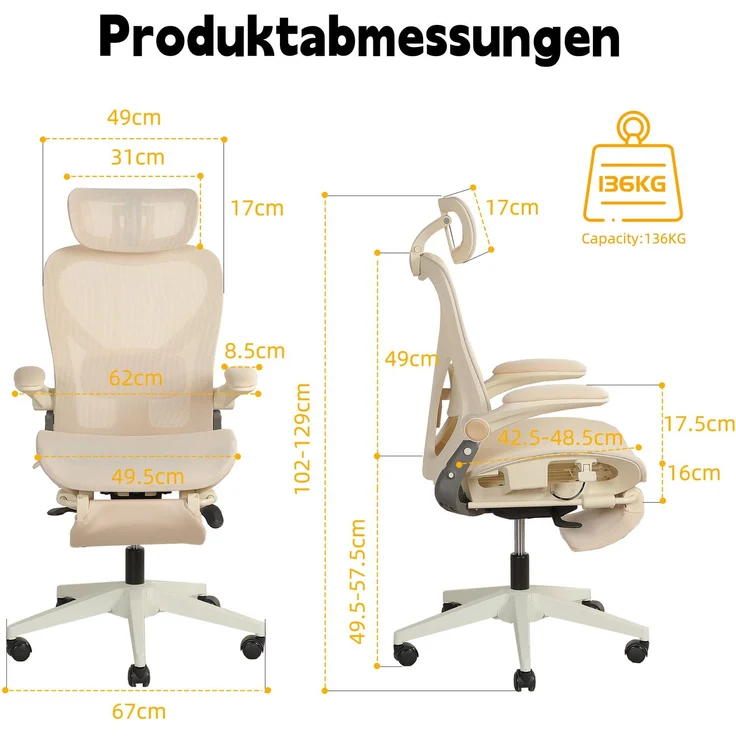 Klappbarer ergonomischer Bürostuhl, kleiner Platz-Klappstuhl mit Taillenstütze, Ganznetzschiebekissen, klappbare Armlehnen, 3D-Kopfstützen und Bürostuhl mit Arbeitspedalen,creme--Creme--129x48.5x62cm--YOUDENOVA – Bild 2