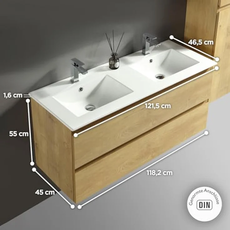 Alpenberger Badezimmer-Set Badezimmer Möbel Badschrank - Doppelwaschbecken mit Unterschrank, (Moderner Waschplatz, Keramik Waschbecken mit Überlauf), Doppelwaschtisch 120 cm Breit – Eiche Natur – Bild 3