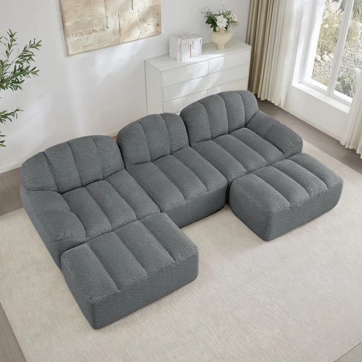 EINHOM 3-Sitzer U-förmiges Modulares Sofa mit 2 Ottomans, Boneless Sofa aus 32D Hochdichtschaum, tiefe Sitzfläche, ideal für Wohnzimmer, weicher Stoff, Grau – Bild 4