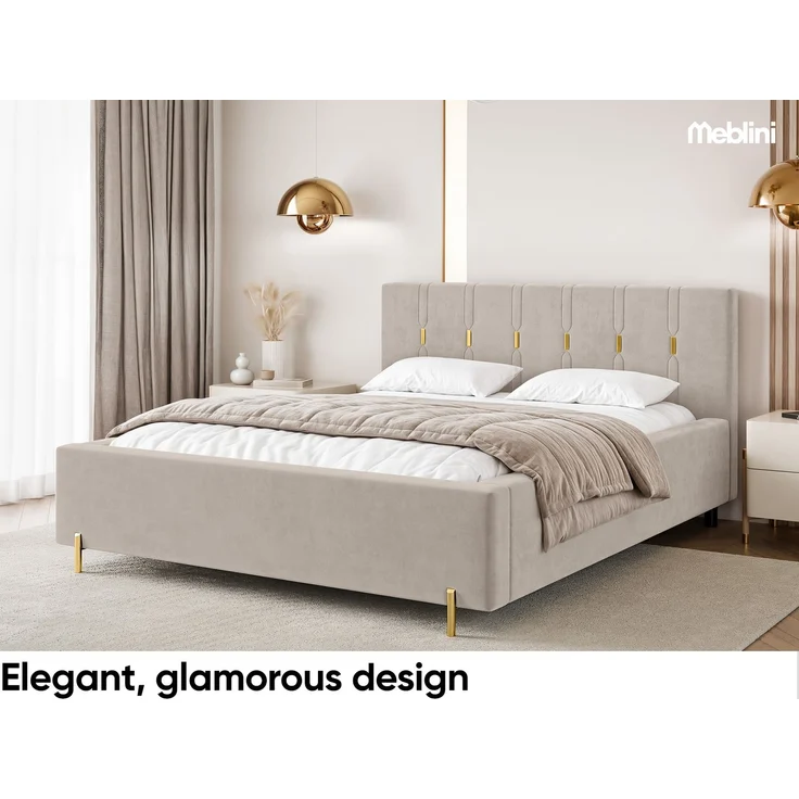 MEBLINI Polsterbett 200x200 mit Lattenrost mit Matratze – FABIO – Beige Samt – Doppelbett mit Bettkasten - Stauraumbett - Kopfteil Bett mit Stauraum – Bild 3