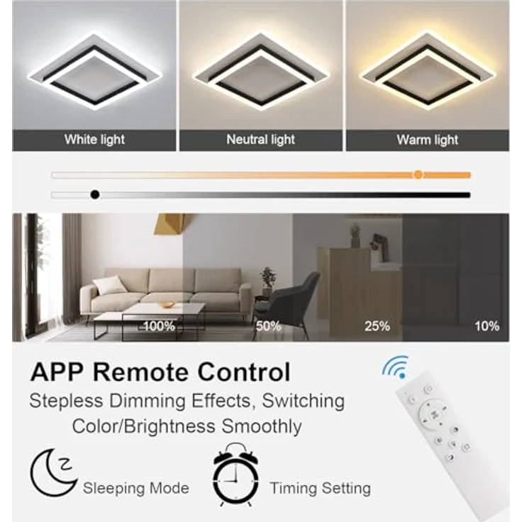 Goeco LED Deckenleuchte Dimmbar 40x40 CM 41W Quadratisch Deckenlampe Schwarz 3000K-6500K LED Lampen Deckenbeleuchtung aus Acryl für Schlafzimmer, Wohnzimmer – Bild 4