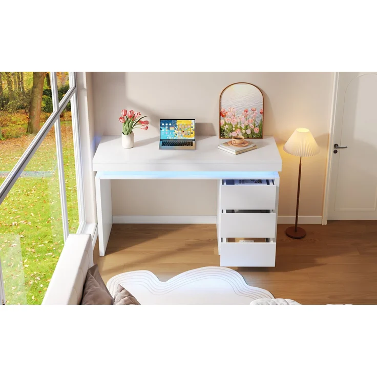ZUBALIYA Moderner LED-Schreibtisch 120×50×78,5 cm – Computertisch mit drei Schubladen, verlängerter und verbreiterter Arbeitsfläche, verstärkten Beinen, einstellbarer LED-Beleuchtung, geeignet für Homeoffice – Bild 15