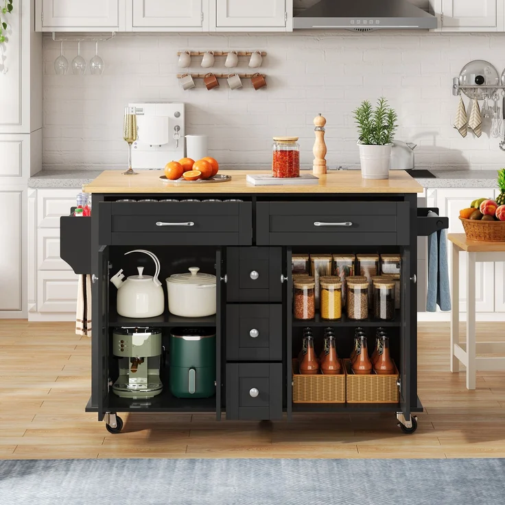 Küchenwagen mit ausklappbarer Arbeitsplatte & Stauraum, 140x40/65x89 cm, Schwarz/Natur – Bild 4