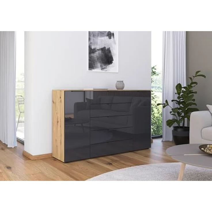 Rauch Möbel Flipp, Kommode für Schlafzimmer, Kinderzimmer, Wohnzimmer, Flur, Garderobe, 2-türig, 5 Schubladen, mit Softclose-Funktion, Farbe Eiche Artisan, Holz/Glas Basalt, Schwarz, Breite 160 cm – Bild 3