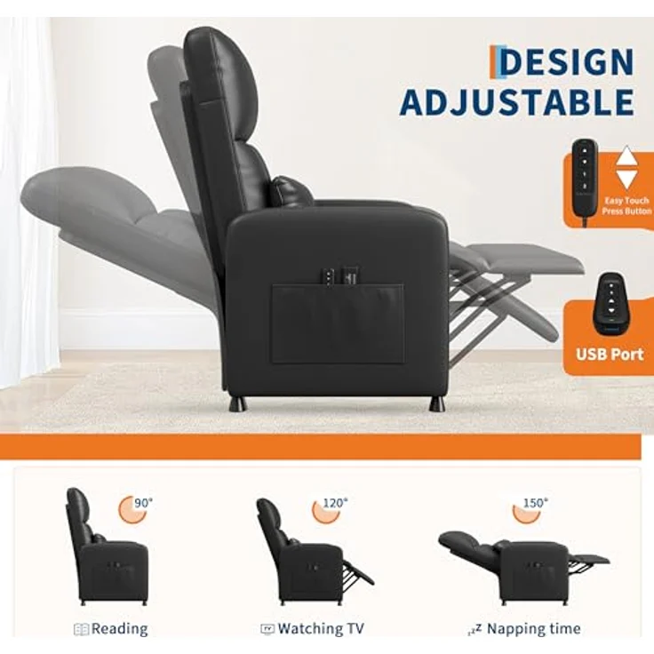 GarveeHome Fernsehsessel Elektrisch Relaxsessel Ruhesessel, massagesessel mit wärmefunktion, Verstellbarer Fernsehsessel mit Fußstütze, Einzelsofa,für Wohnzimmer, Schlafzimmer oder Büro – Bild 4