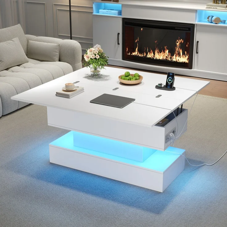 Couchtisch Weiß mit Hebefunktion, 100 x 50 x 51,5 cm, ausziehbar,LED-Licht steuerbar per App, USB- und Typ-C-Steckdose – Bild 3