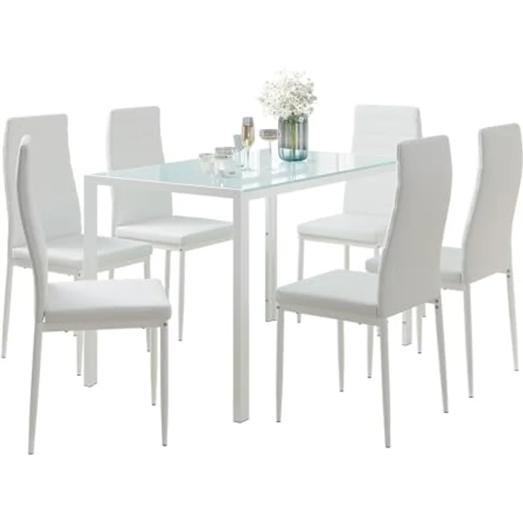 Vicco Esstisch-Set 'Grand Metall', Weiß, 120x70x75 cm, Tisch mit Glasplatte und 6 Stühlen, Esszimmergruppe – Bild 7