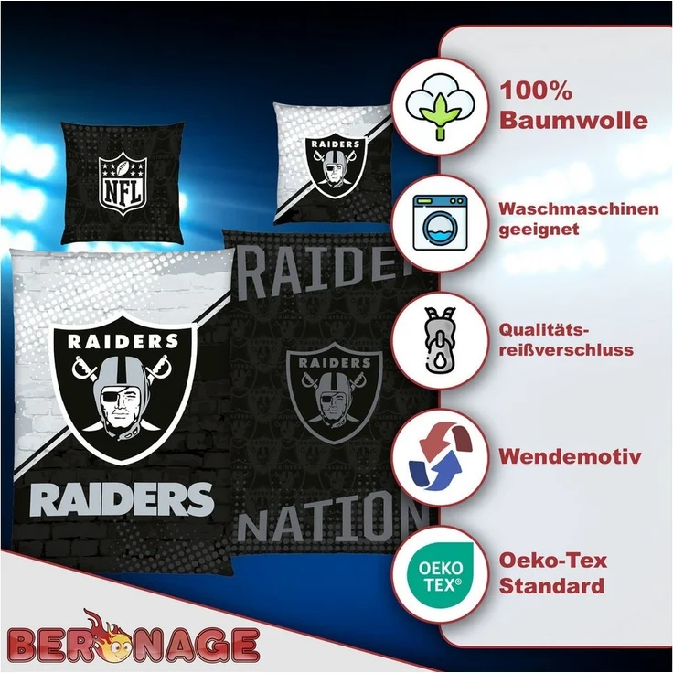 BERONAGE Wendebettwäsche NFL Las Vegas Raiders Bettwäsche Raider Nation Linon/Renforcé, Baumwolle, 2 teilig, 135x200 + 80x80 cm – Bild 2