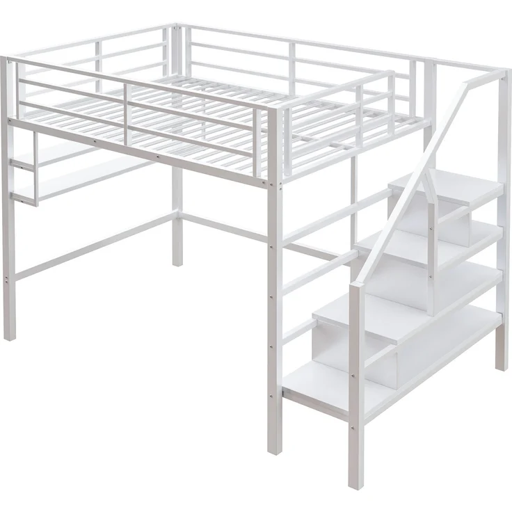 Hochbett mit Lattenrost, 140x200 cm, Metallbett mit Rausfallschutz, Regal, Treppe, Jugendbett, Kinderbett – Bild 6