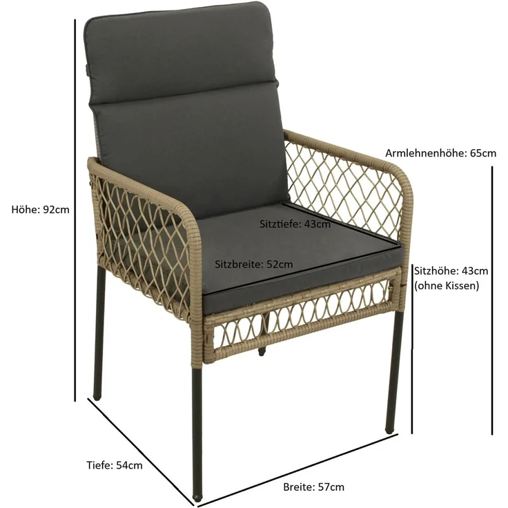 DEGAMO RAVALLO Gartensessel mit Armlehnen und Polster, Metall + Geflecht, schwarz/beige, 57cm – Bild 2